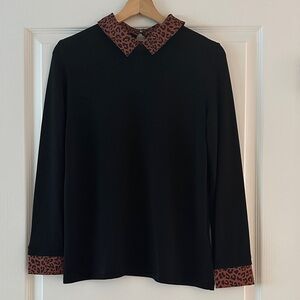 Simons Black Top with Leopard Collar & Cuffs - Size Small